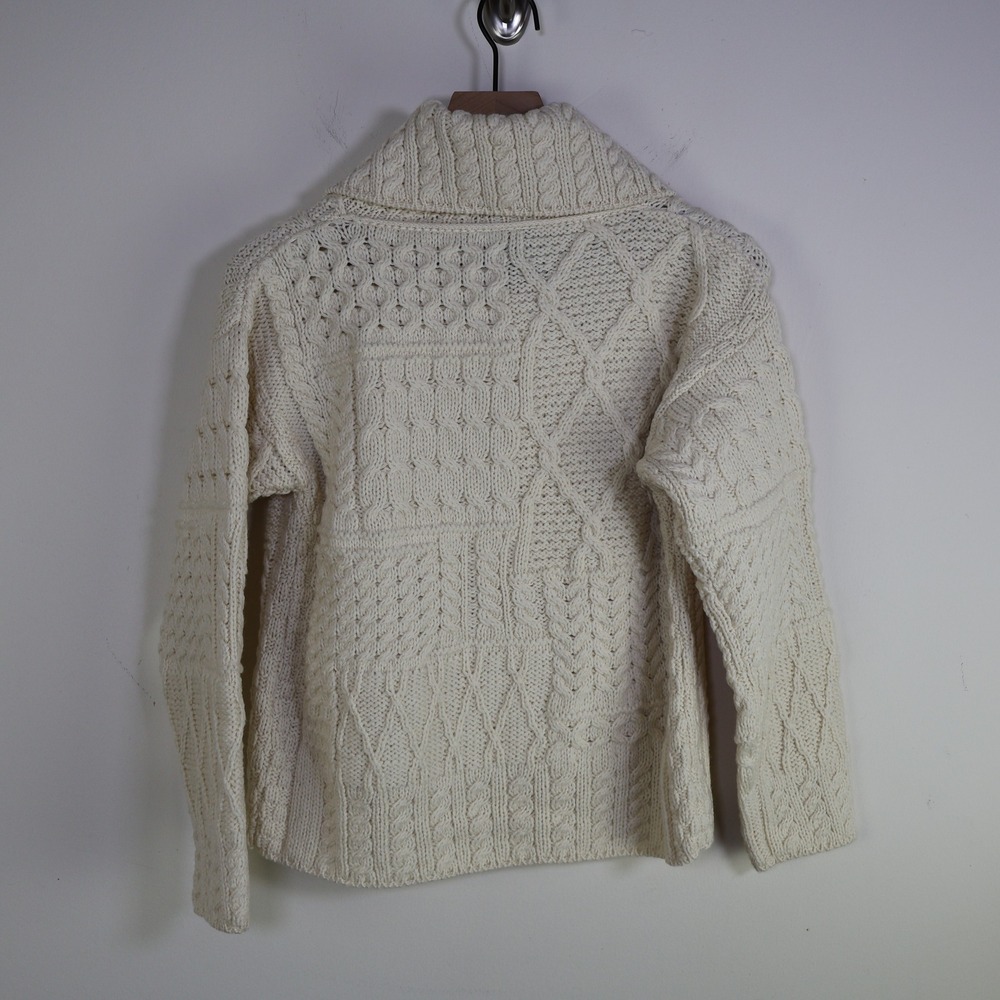 Aran Woollen Mills Merino Wool Cable Knit Wrap Cardigan S Cream Irish Sweater - Picture 2 of 11
